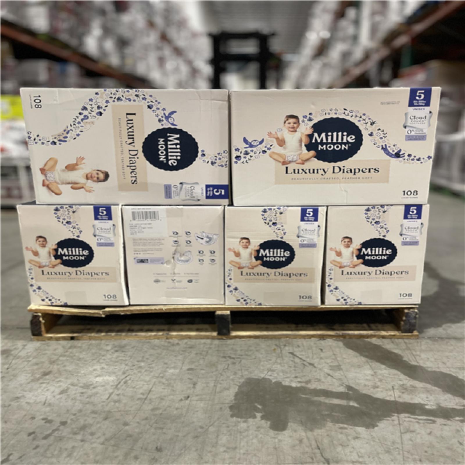 DALLAS LOCATION - Millie Moon Luxury Disposable Diapers - Size 5 - (108ct PER CASE) PALLET-(20 CASES)