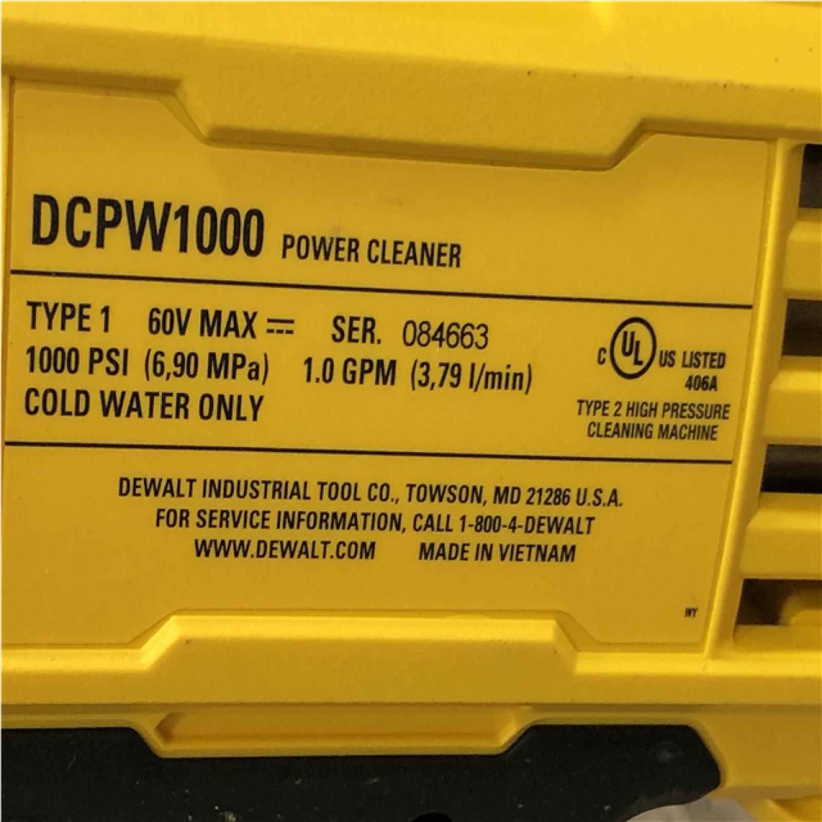 AS-IS DEWALT FLEXVOLT 60V MAX 1000 PSI 1.0 GPM Cold Water Cordless Power Cleaner (Tool Only)