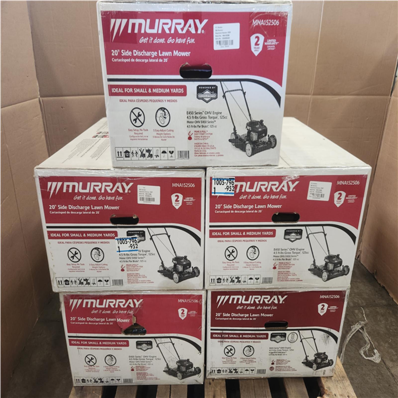 Phoenix NEW Pallet of Murray 20 in. 125 cc Briggs & Stratton Walk Behind Gas Push Lawn Mower with 4 Wheel Height Adjustment and Prime 'N Pull Start 5 total