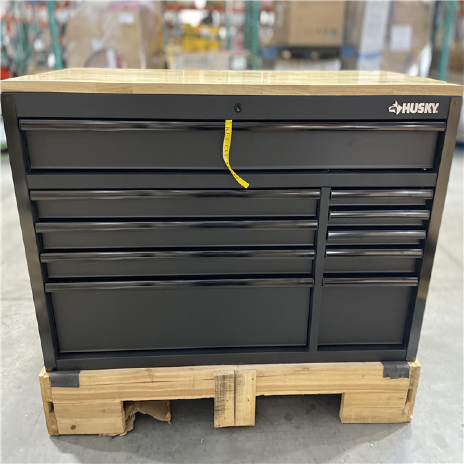 DALLAS LOCATION- AS-IS Husky 56 in. W x 27.6 in. D 10-Drawer Matte Black Heavy-Duty Mobile Workbench with Pegboard and Top Cabinets