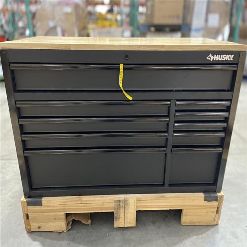 DALLAS LOCATION- AS-IS Husky 56 in. W x 27.6 in. D 10-Drawer Matte Black Heavy-Duty Mobile Workbench with Pegboard and Top Cabinets