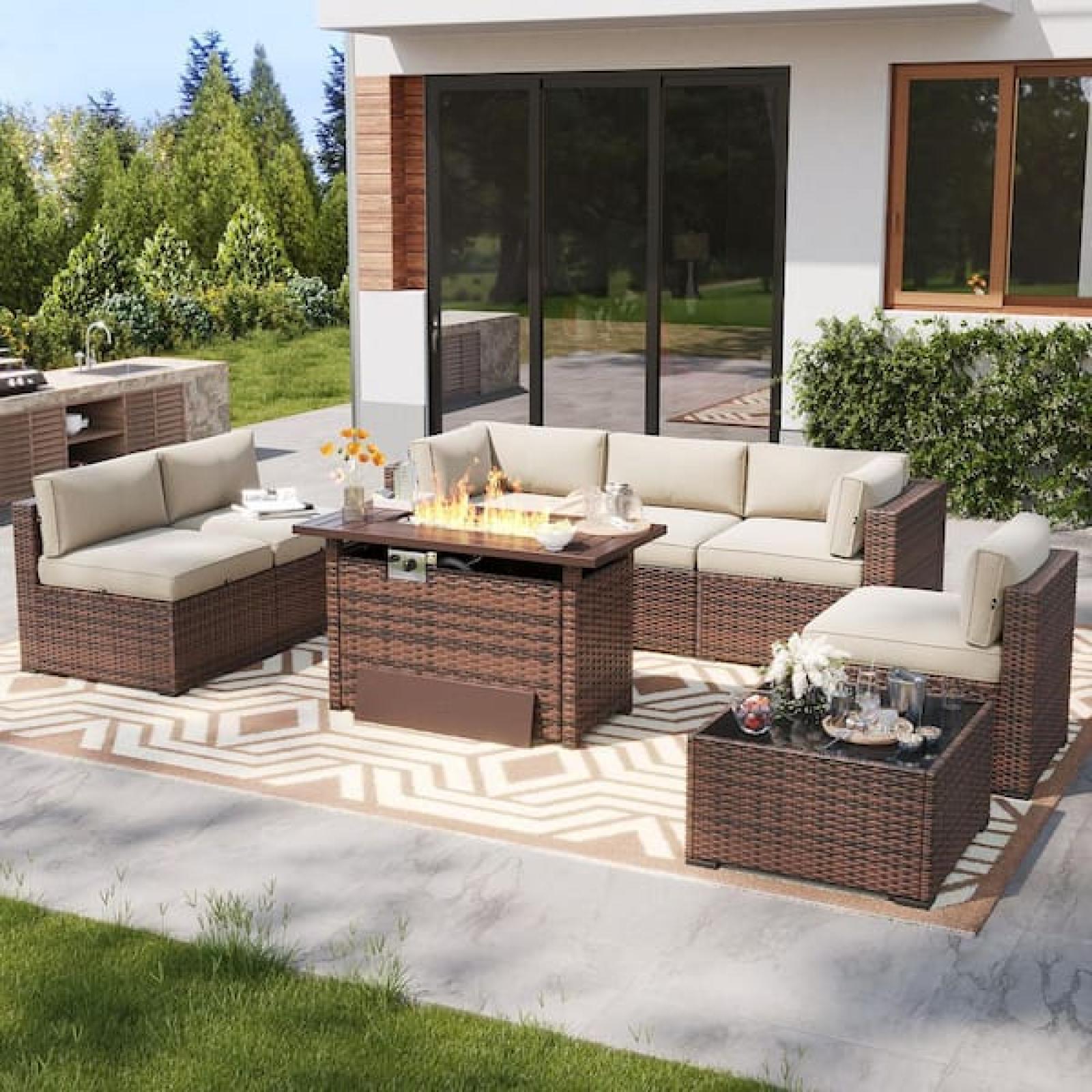 Phoenix NEW Sizzim Brown 8-Piece Wicker Outdoor Patio Fire Pit Set with Beige Cushions, Patio Sectional Set with Fire Pit Table