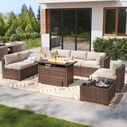 Phoenix NEW Sizzim Brown 8-Piece Wicker Outdoor Patio Fire Pit Set with Beige Cushions, Patio Sectional Set with Fire Pit Table