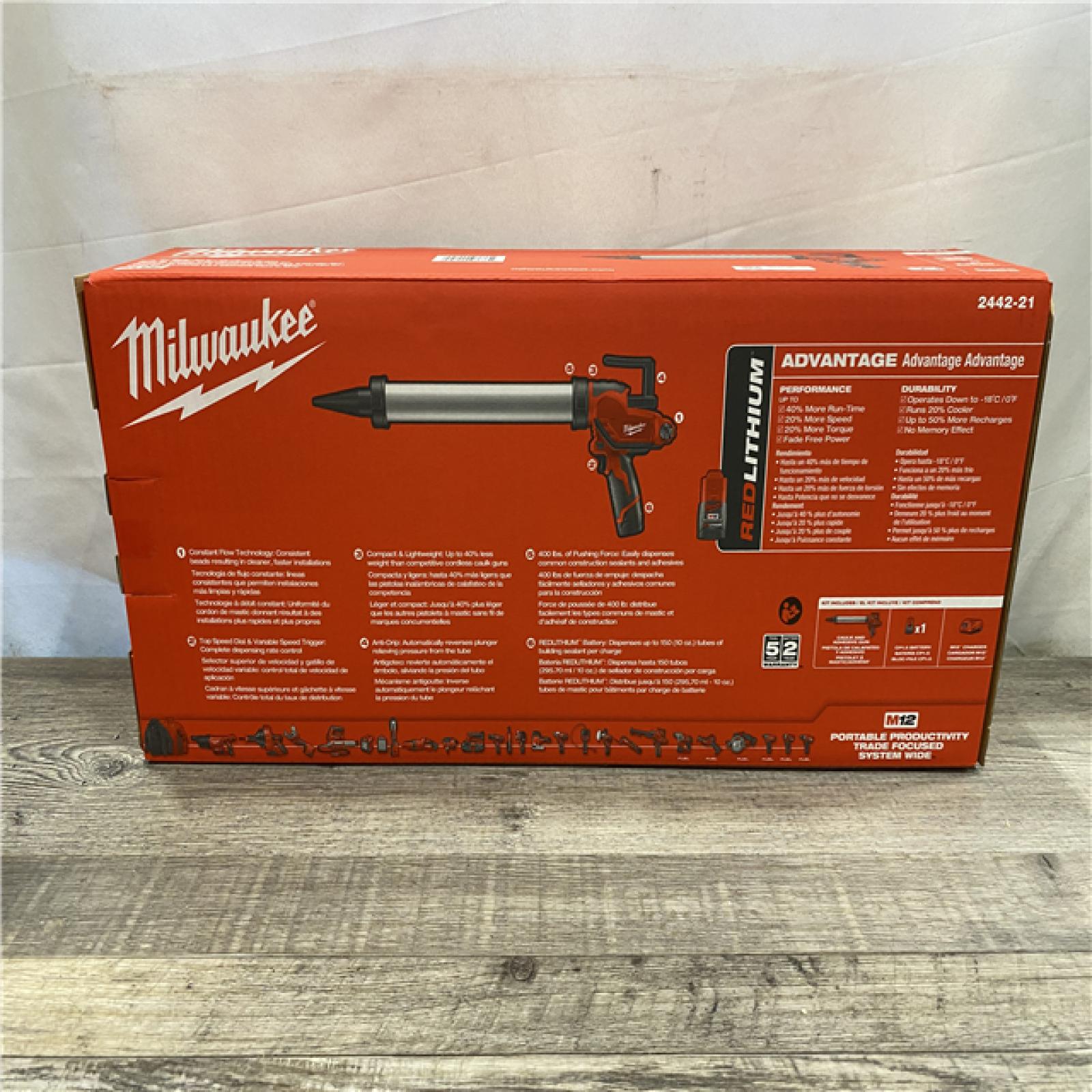 NEW - Milwaukee 12V Lithium-ion Cordless 20 oz. Aluminum Barrel Adhesive and Caulk Gun Kit