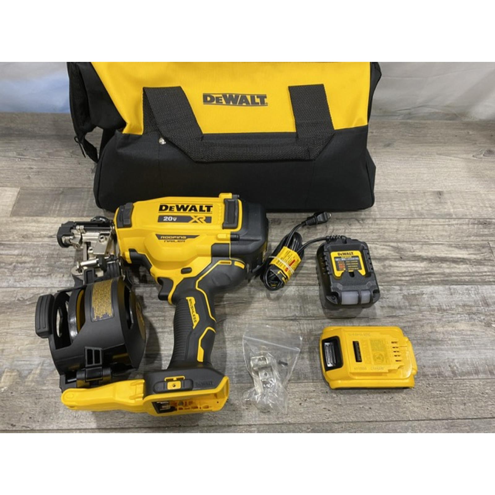 AS-IS DEWALT 20V MAX Lithium-Ion 15-Degree Electric Cordless Roofing Nailer Kit