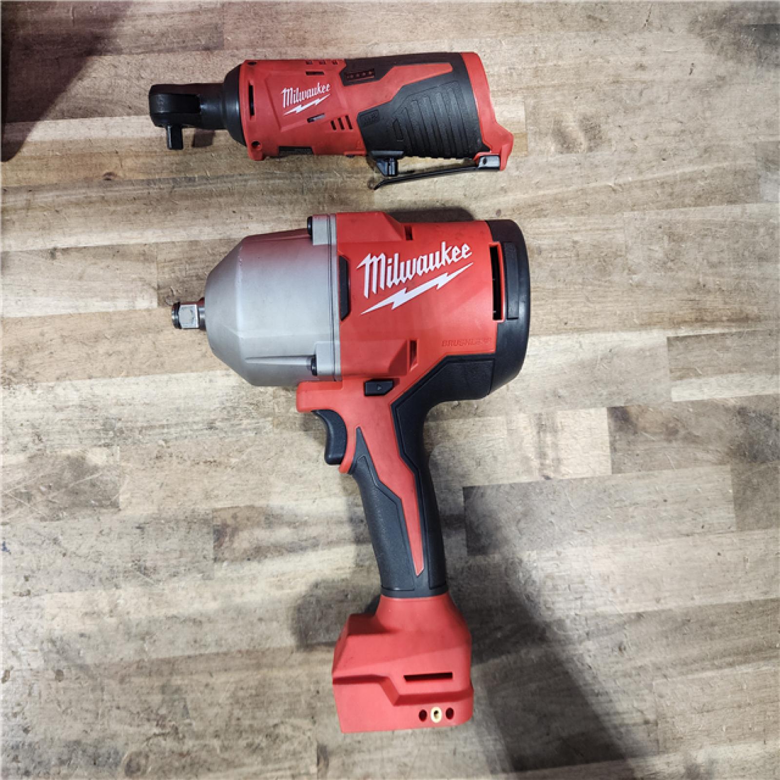 HOUSTON LOCATION - AS-IS Milwaukee 12/18V Lithium-Ion Cordless 3/8 in. Ratchet and 1/2 in. High Torque Impact Wrench with Friction Ring Combo Kit