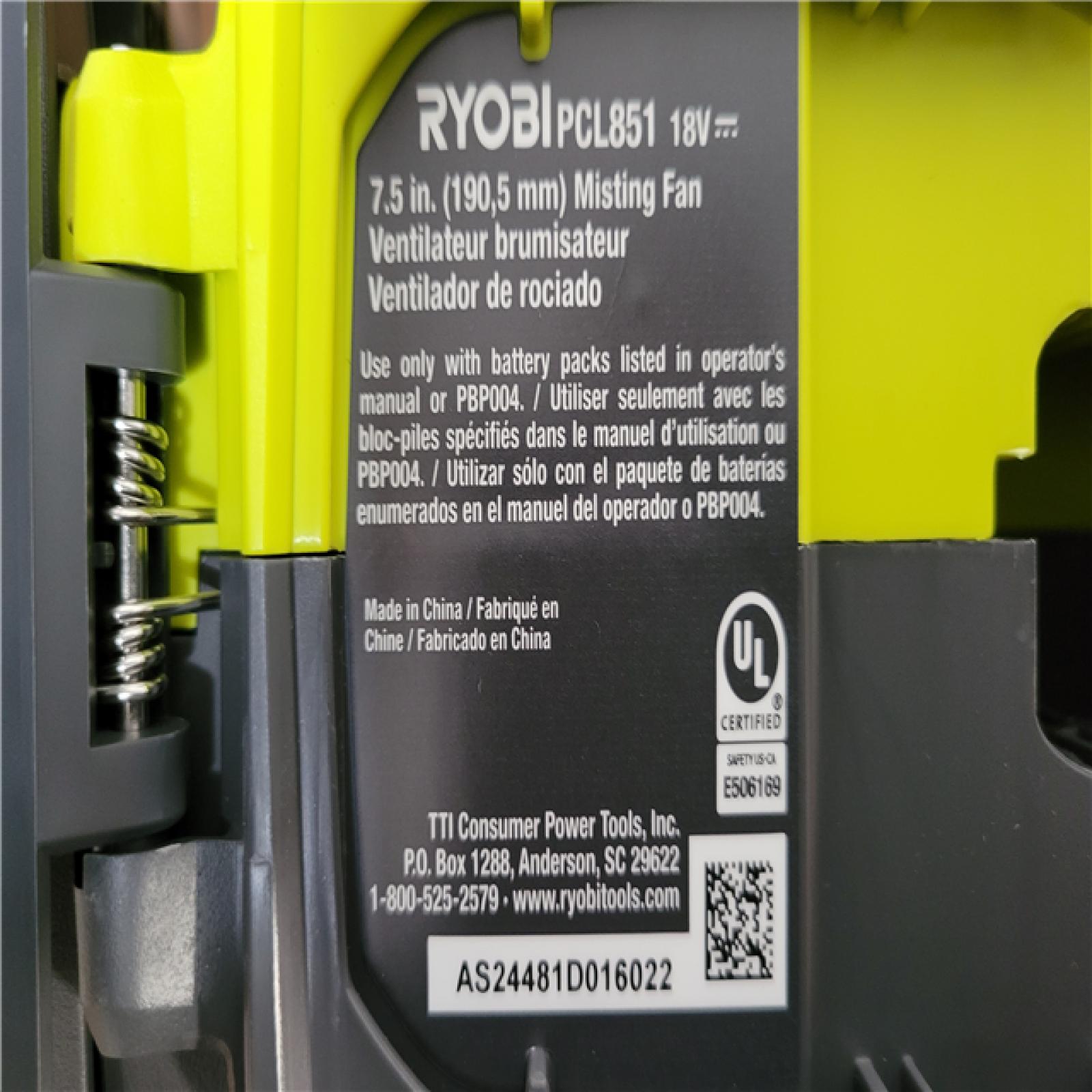 California NEW Ryobi One+ 18V 7.5 Bucket Top Misting Fan Kit  Includes (1) Battery & Charger