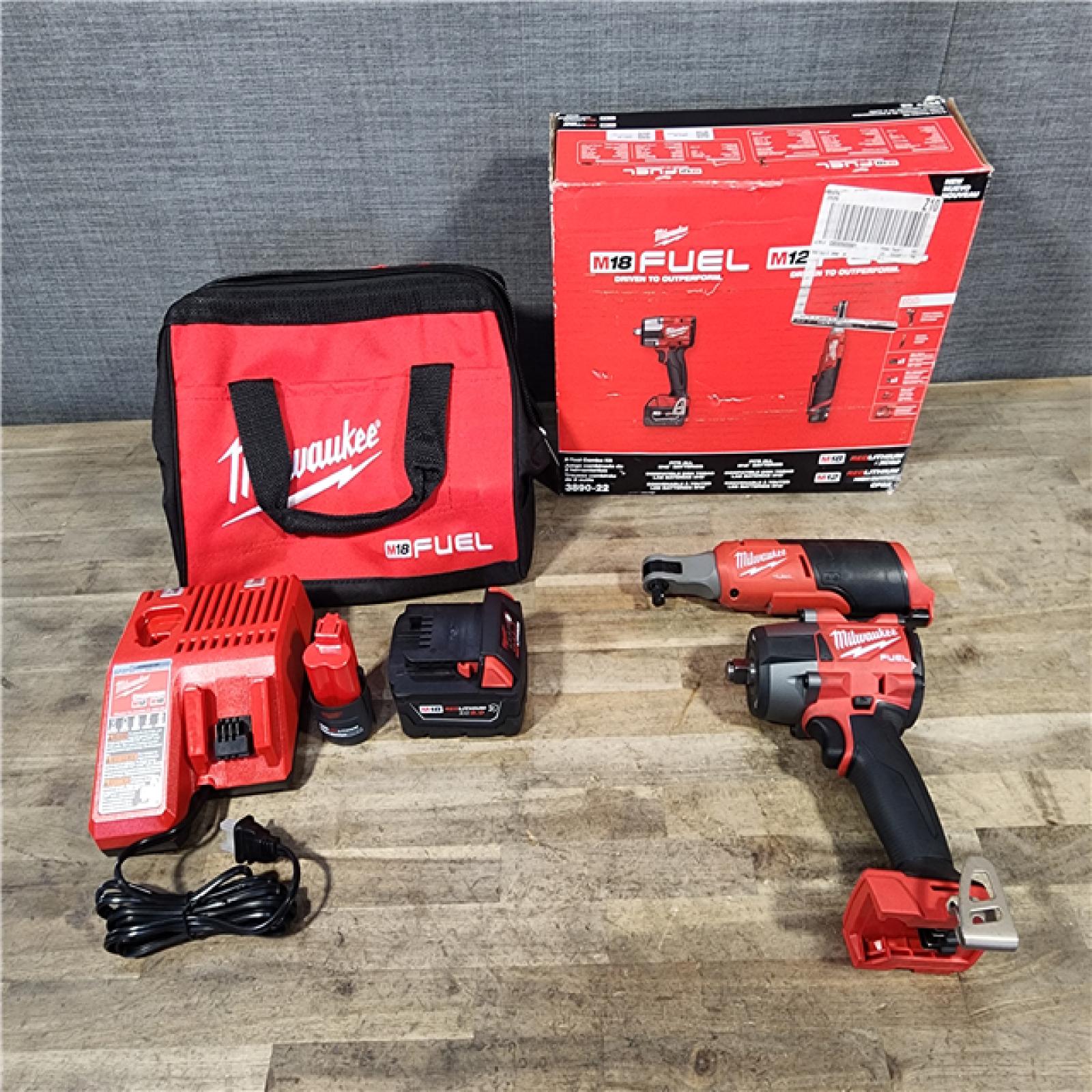 HOUSTON LOCATION - AS-IS M18 FUEL 18V Cordless Mid Torque 1/2 in. Impact Wrench W/ M12 FUEL 3/8 in. Ratchet & Battery/Charger Combo Kit