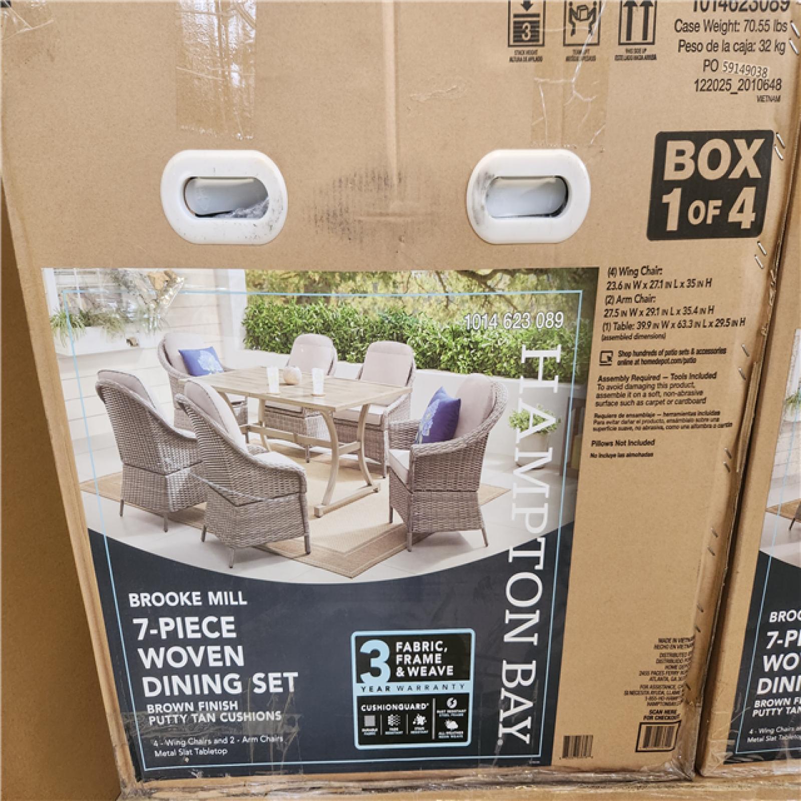 Phoenix NEW Hampton Bay Brooke Mill Brown Metal 7-Piece Wicker Outdoor Dining Set with CushionGuard Putty Tan Cushions