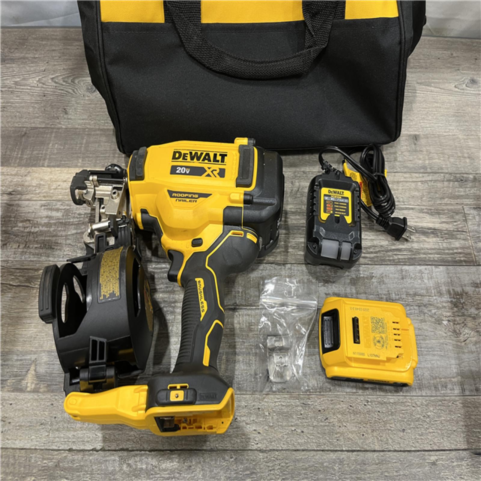 AS-IS DEWALT 20V MAX Lithium-Ion 15-Degree Electric Cordless Roofing Nailer Kit
