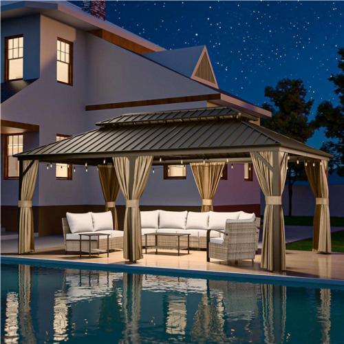 Phoenix LIKE NEW EAGLE PEAK 20 ft. W x 12 ft. D Patio Galvanized Steel Roof Aluminum Frame 2-Tier Hardtop Gazebo with Curtains and Netting, Brown