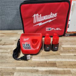 HOUSTON LOCATION - AS-IS (APPEARS LIKE NEW) Milwaukee M12 FUEL 12-Volt Lithium-Ion Brushless Cordless 3/8 in. Ratchet Kit with (2) 2.0Ah Batteries  Charger & Tool Bag