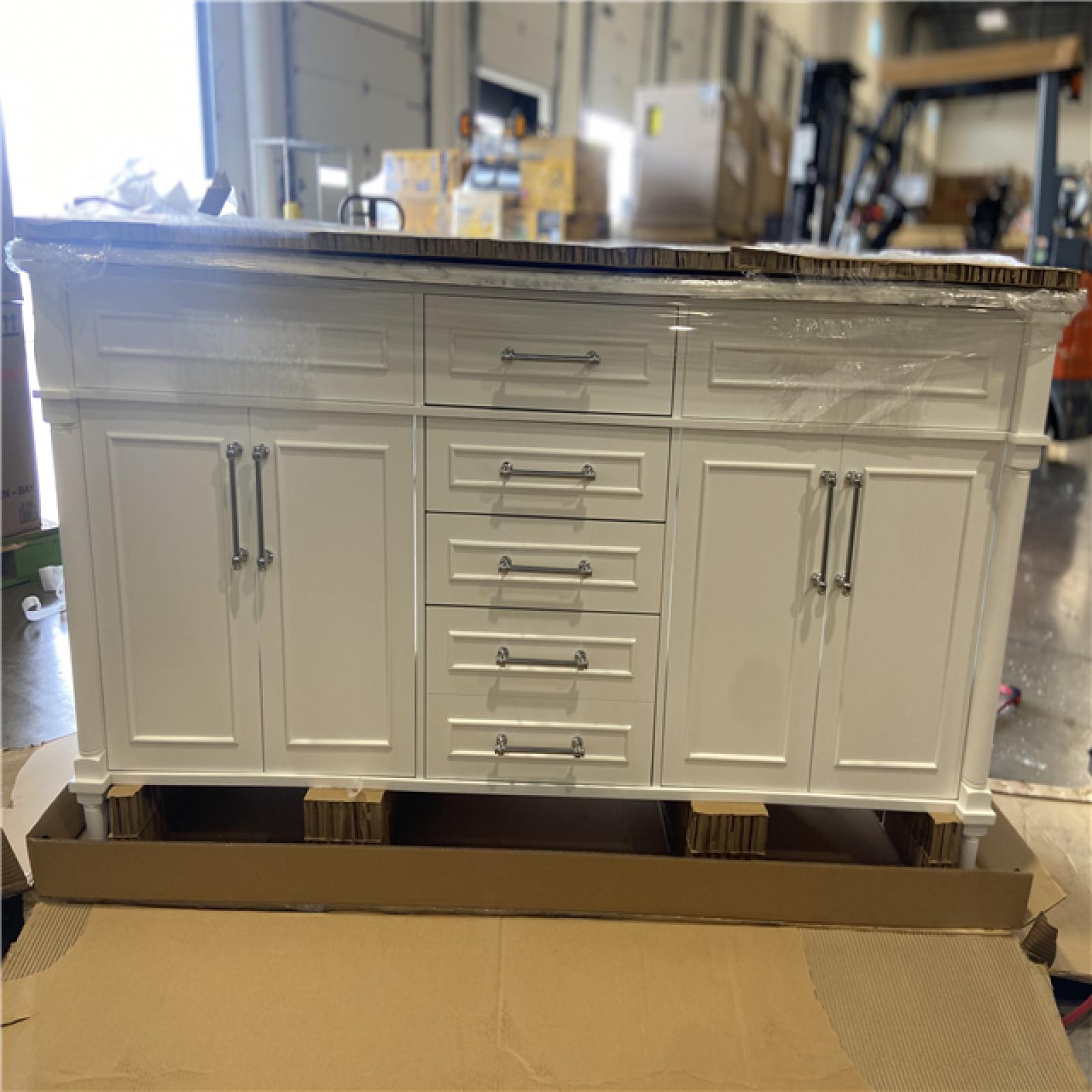 DALLAS LOCATION - Home Decorators Collection Aberdeen 72 in. Double Sink Freestanding White Bath Vanity with Carrara Marble Top (Assembled)