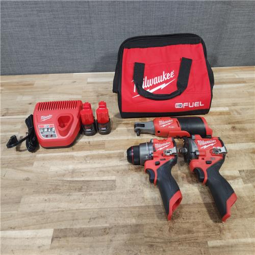 HOUSTON LOCATION - AS-IS Milwaukee FUEL 12V Lithium-Ion Cordless Drill Driver  Impact Wrench  and Ratchet Combo Kit