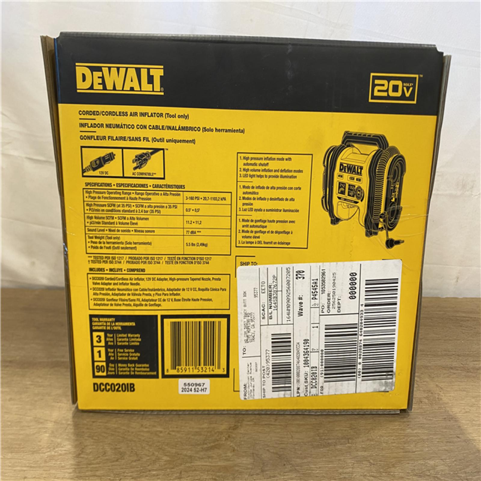 NEW! DEWALT 20V MAX Cordless Electric Portable Inflator (Tool Only)