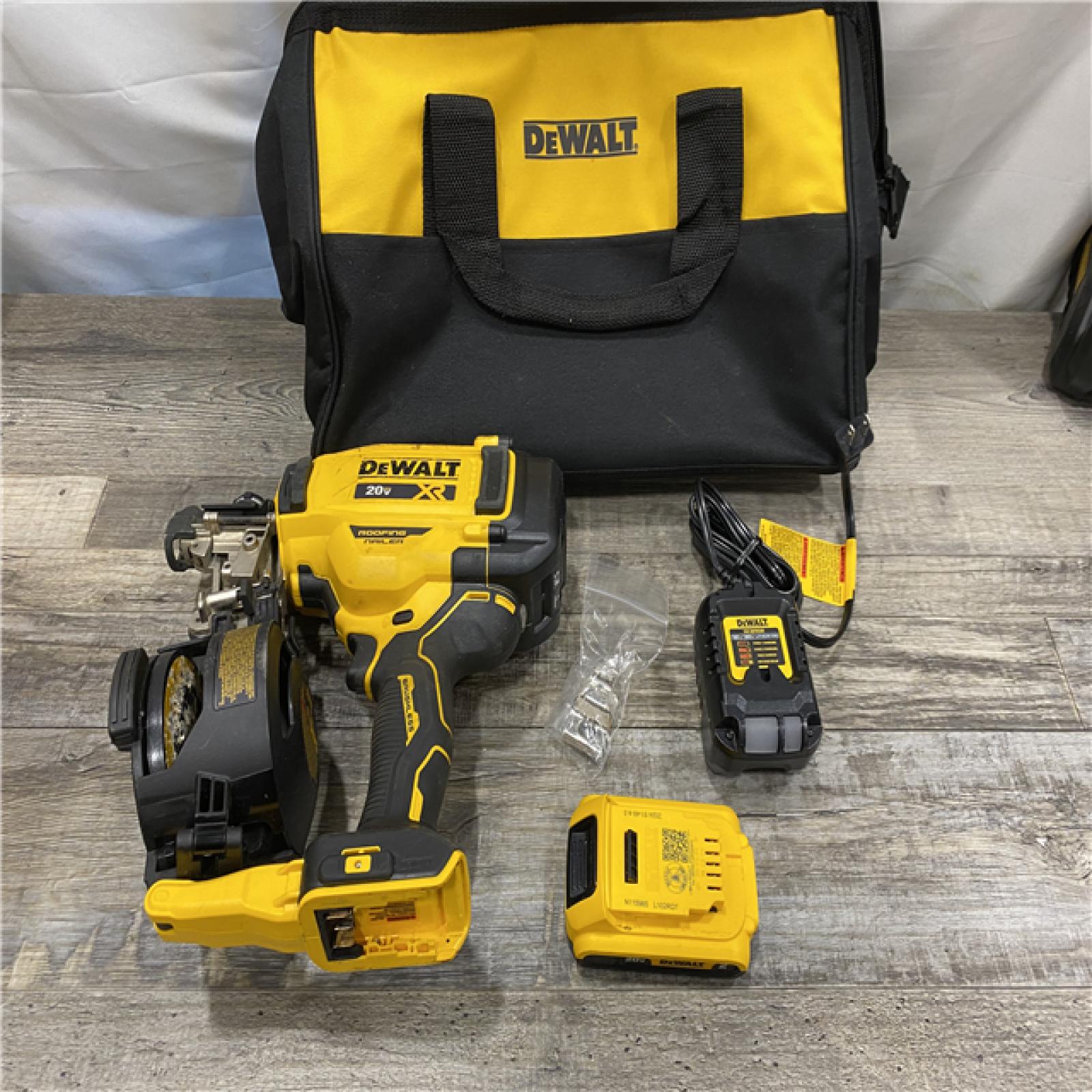 AS-IS DEWALT 20V MAX Lithium-Ion 15-Degree Electric Cordless Roofing Nailer Kit