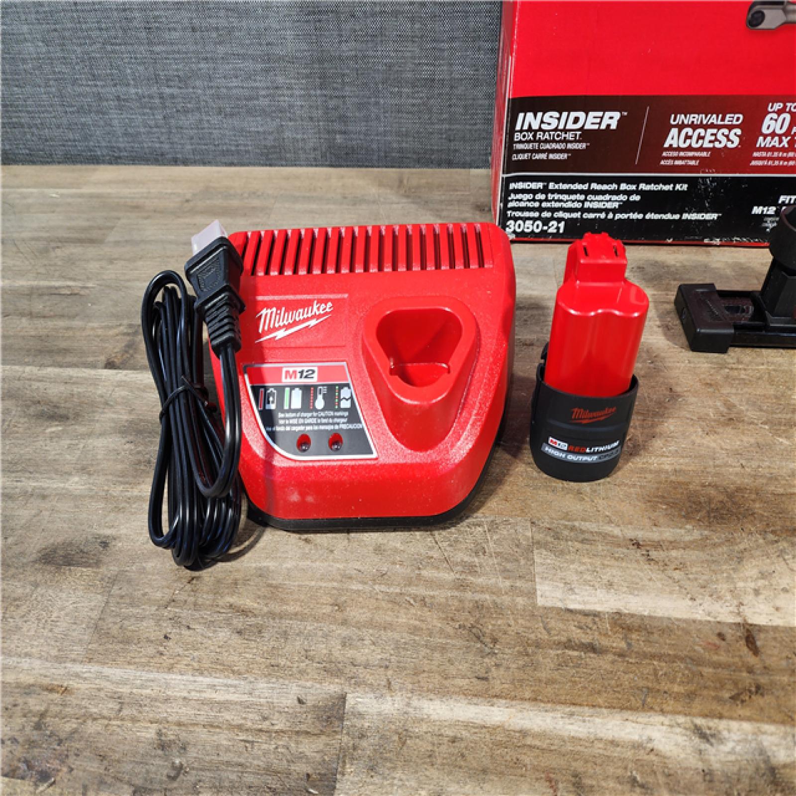 HOUSTON LOCATION - AS-IS M12 FUEL INSIDER 12V Lithium-Ion Brushless Cordless 1/4 in. - 3/8 in. Extended Reach Box Ratchet Kit W/ Battery  Charger