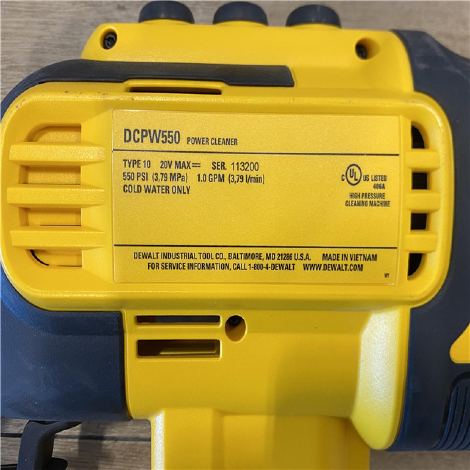 AS-IS DEWALT 20V MAX 550 PSI 1.0 GPM Cold Water Cordless Power Cleaner with 4-Nozzles (Tool Only)