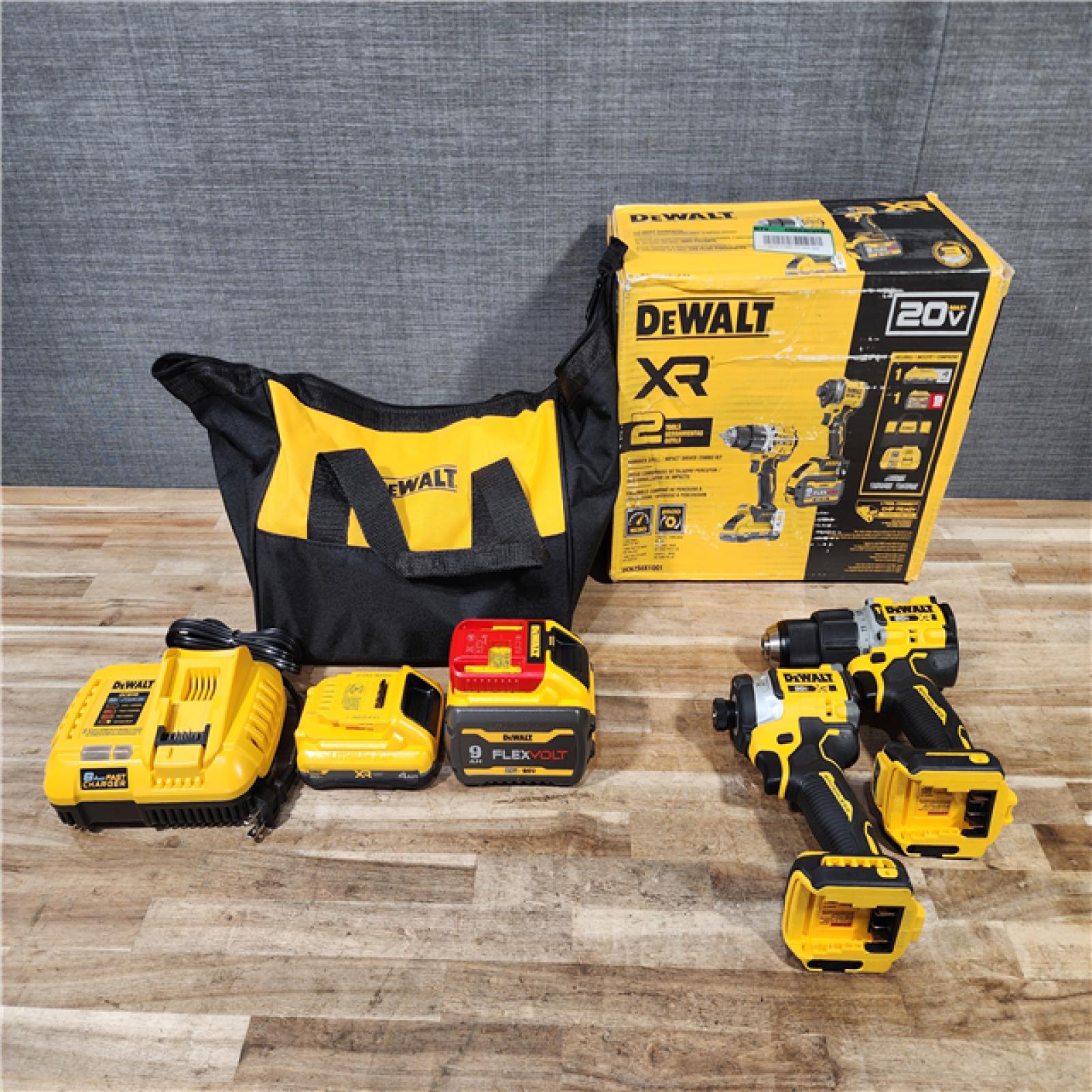 HOUSTON LOCATION - AS-IS (APPEARS LIKE NEW) DEWALT 20V Lithium-Ion Cordless 2-Tool Combo Kit with 20V/60V FLEXVOLT 9 Ah Battery  4 Ah Battery and Charger