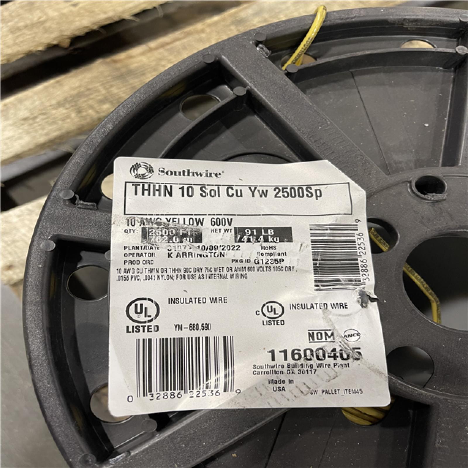 DALLAS LOCATION - AS-IS Southwire 2,500 ft. 10 Yellow Solid CU THHN Wire (4 SPOOLS)(SEE NOTES)