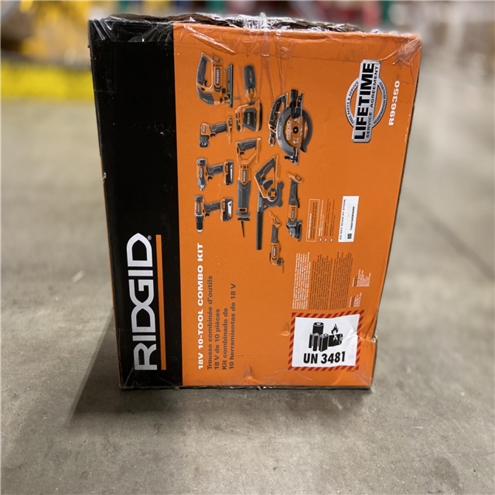 NEW! - RIDGID 18V Cordless 10-Tool Combo Kit with 2.0 Ah Battery, 4.0 Ah Battery, Charger, and Tool Bag