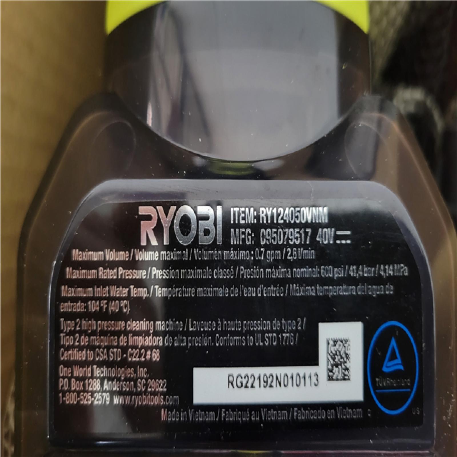 California NEW Ryobi 600 PSI 0.7GMP 40V Cordless Power Cleaner (Tool Only)