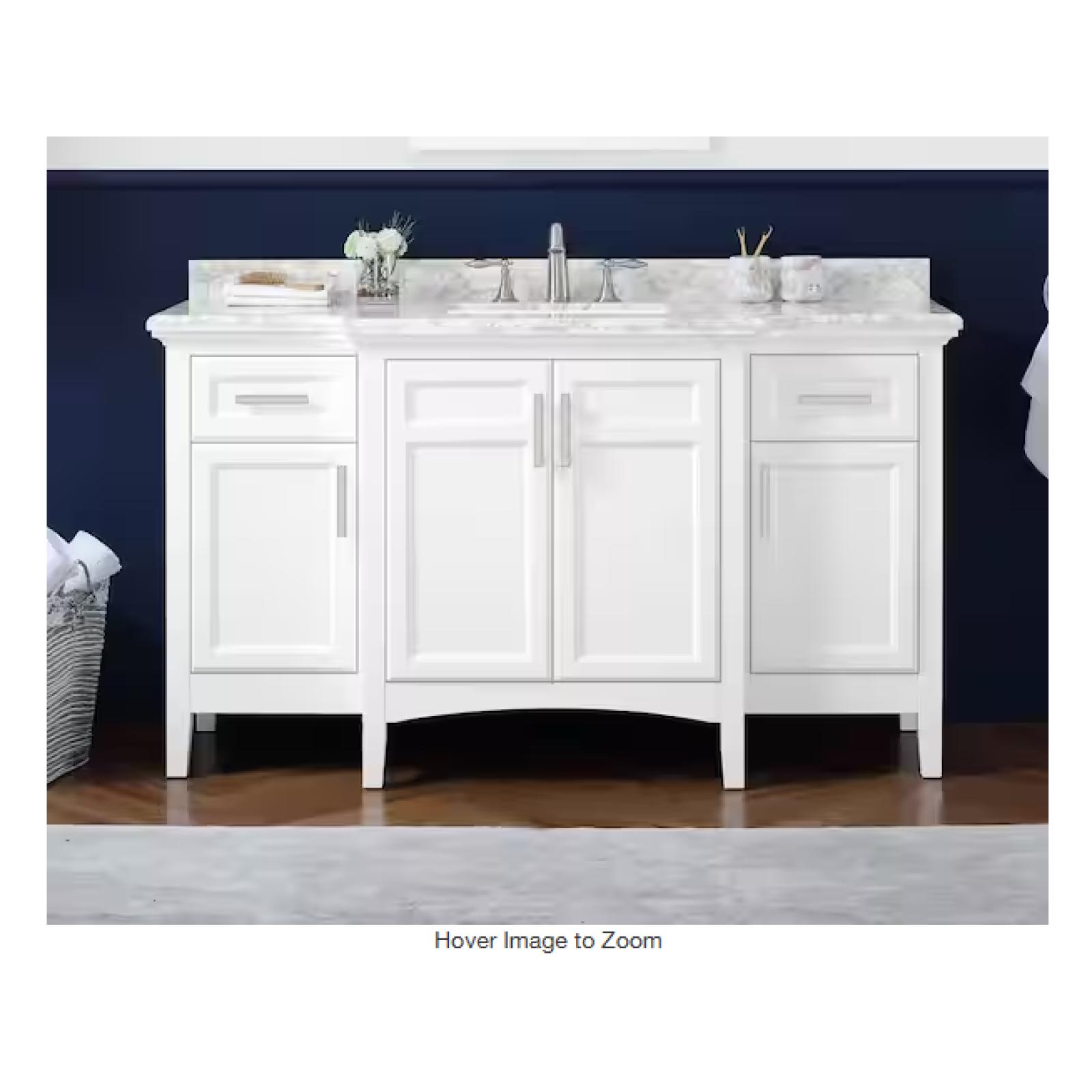 DALLAS LOCATION - Home Decorators Collection Sassy 60 in. Single Sink White Bath Vanity with Carrara Marble Top (Assembled)