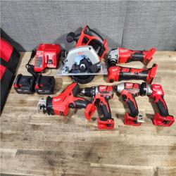 HOUSTON LOCATION - AS-IS MILWAUKEE 7 TOOL COMBO KIT W/ (2) BATTERY & CHARGER