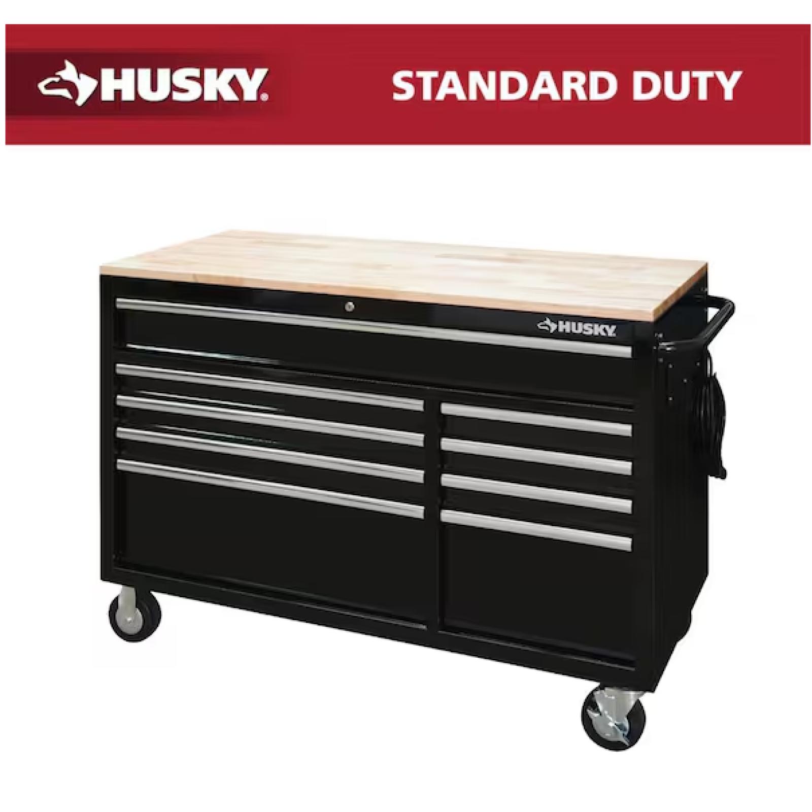 DALLAS LOCATION - Husky 52 in. W x 25 in. D Standard Duty 9-Drawer Mobile Workbench Tool Chest with Solid Wood Top in Gloss Black