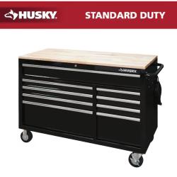DALLAS LOCATION - Husky 52 in. W x 25 in. D Standard Duty 9-Drawer Mobile Workbench Tool Chest with Solid Wood Top in Gloss Black