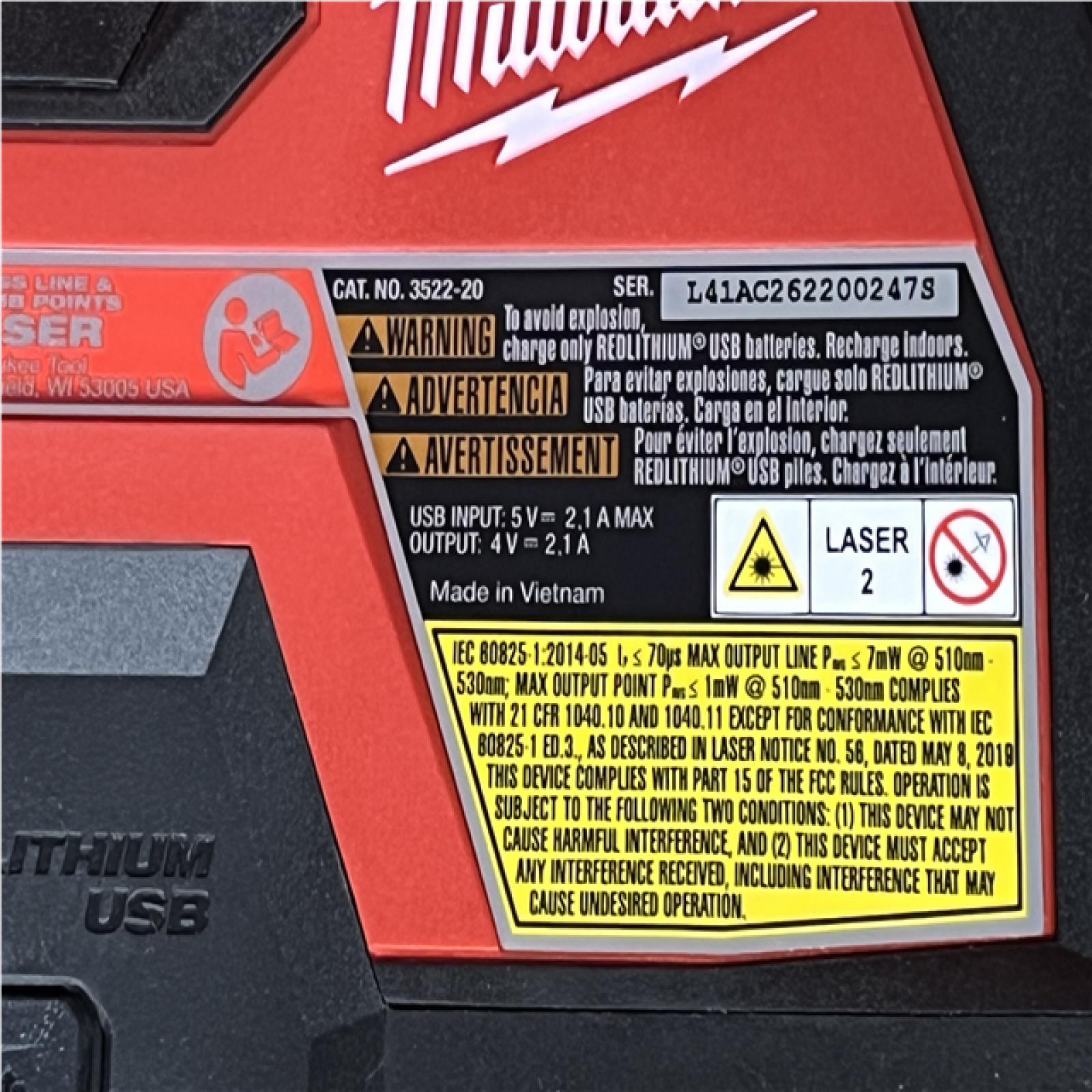 Houston Location AS-IS Milwaukee Green 100 ft. Cross Line and Plumb Points Rechargeable Laser Level with REDLITHIUM Lithium-Ion