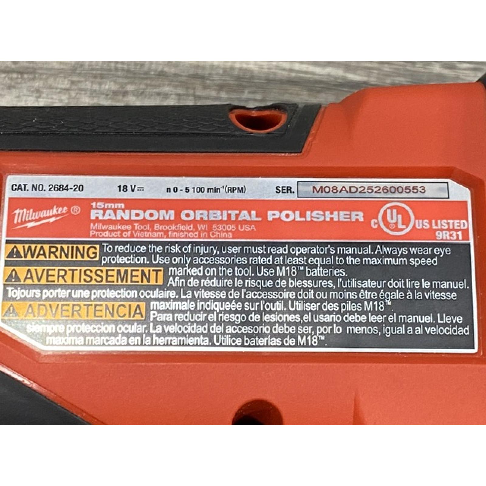 AS-IS Milwaukee  FUEL18V Lithium-Ion Brushless Cordless 15MM DA Polisher (Tool-Only)