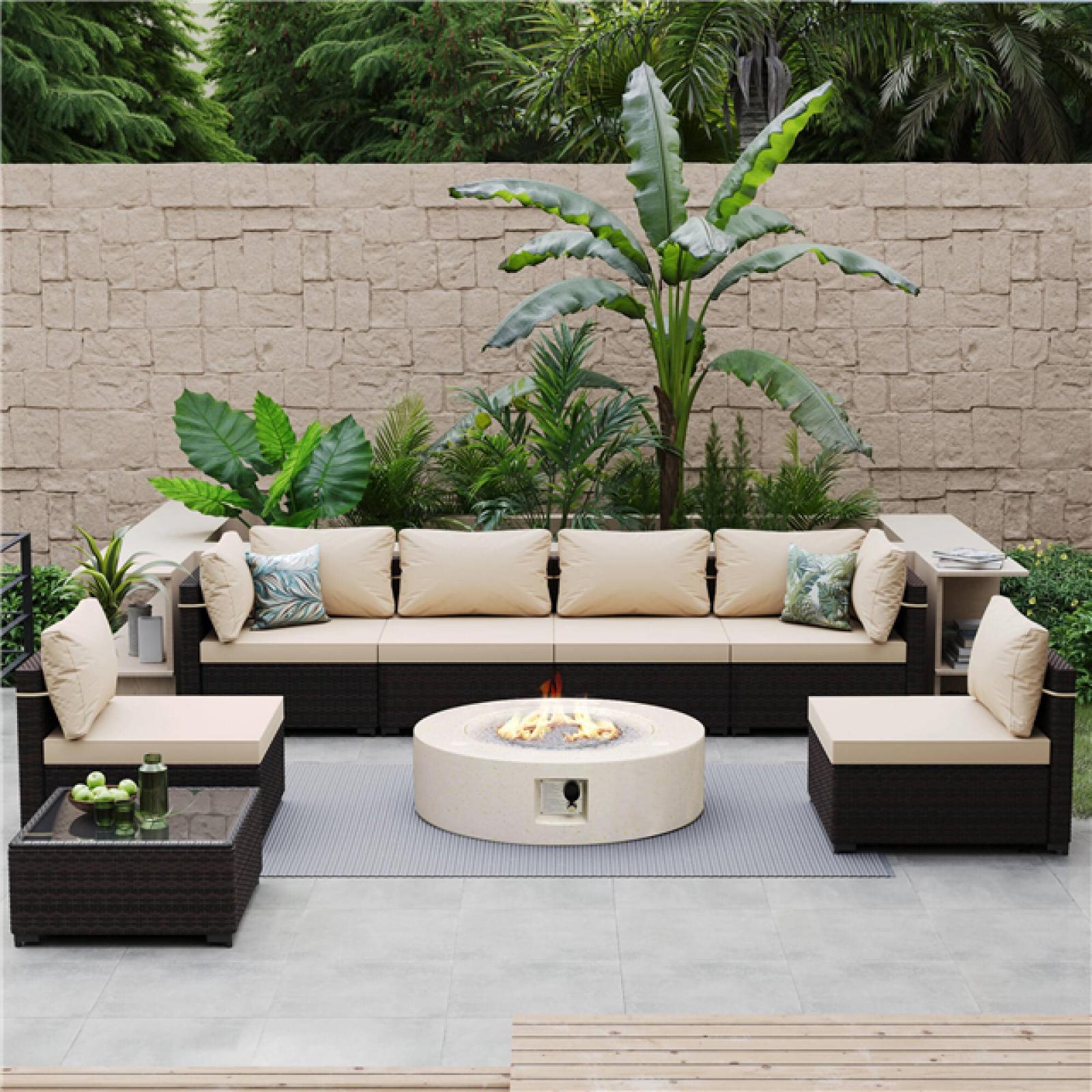 Phoenix PATIO WATCHER 8-PieceWicker Patio Conversation Set with Cushions and 42 in. Outdoor Round Fire Pit Table, Beign Cushions