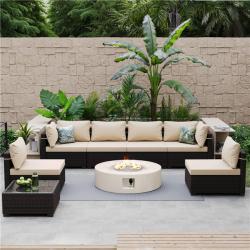 Phoenix PATIO WATCHER 8-PieceWicker Patio Conversation Set with Cushions and 42 in. Outdoor Round Fire Pit Table, Beign Cushions