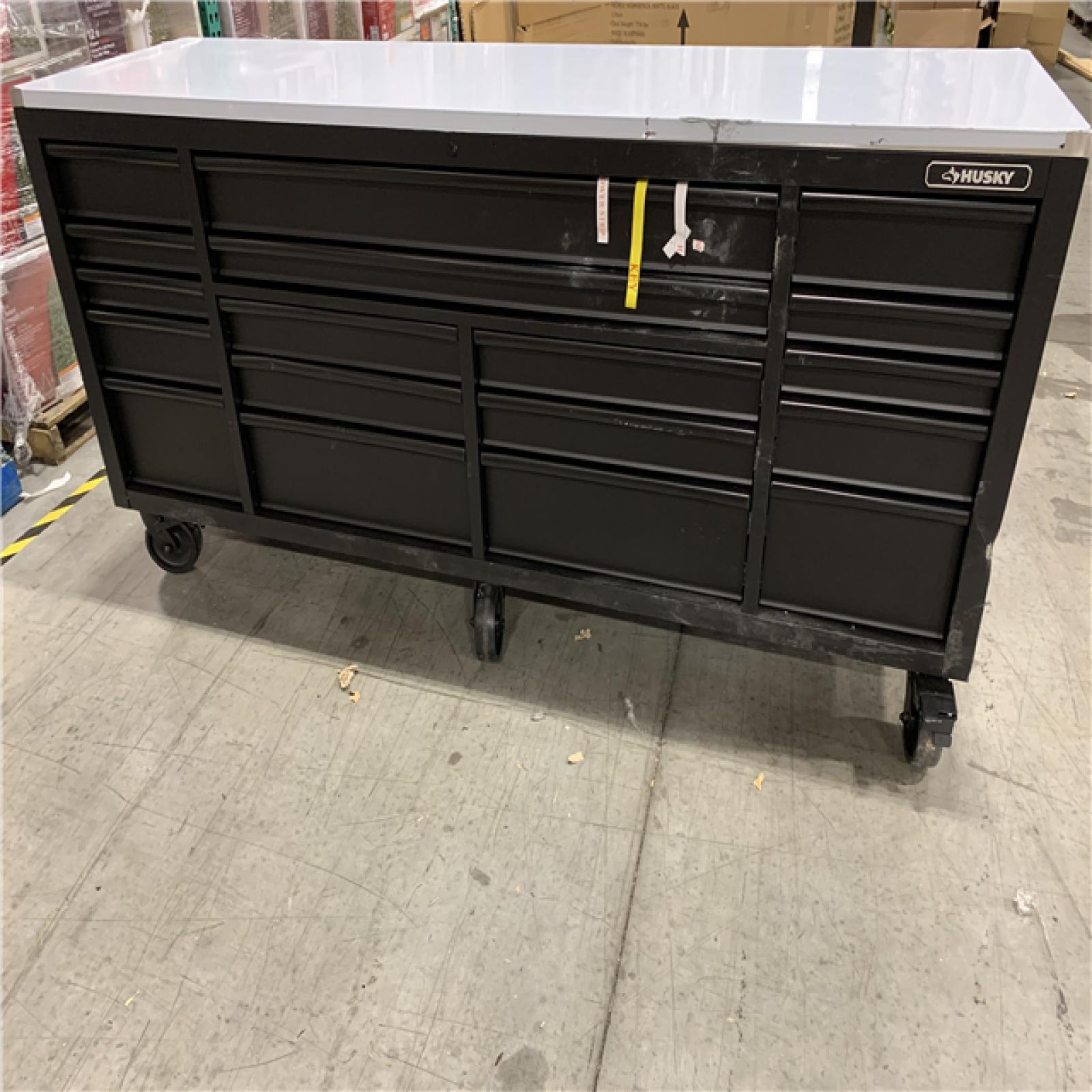 DALLAS LOCATION - AS-IS HUSKY 84 in. W x 24 in. D 18-Drawer Heavy-Duty Mobile Workbench with Stainless Steel Top in Matte Black