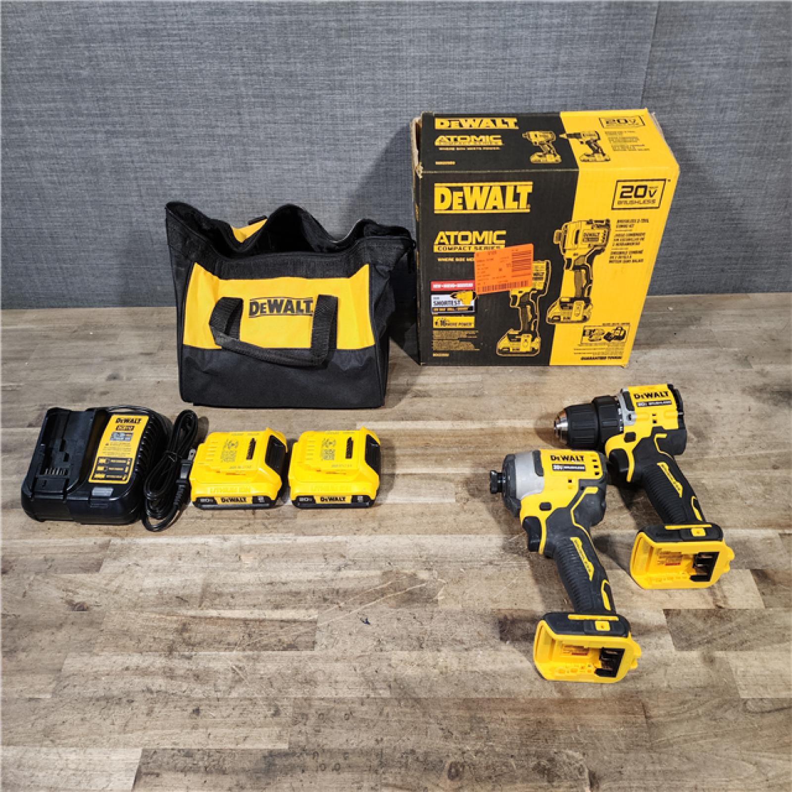 HOUSTON LOCATION - AS-IS Dewalt DCK225D2 20V MAX ATOMIC Brushless Compact Lithium-Ion 1/2 in. Cordless Drill Driver and 1/4 in. Impact Driver Combo Kit with 2 Batteries 2 Ah