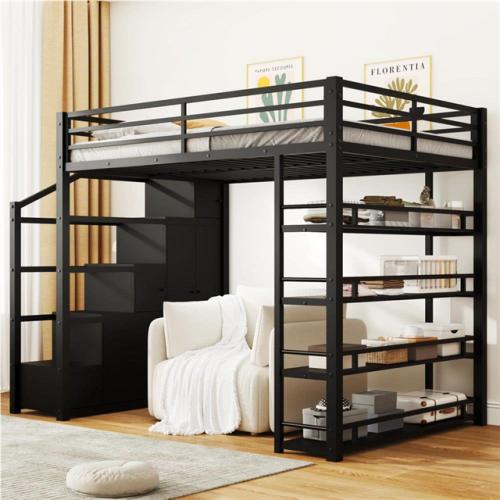 Phoenix NEW Harper & Bright Designs Black Queen Size Metal Loft Bed with 4-Tier Shelves and Storage Staircase Including Cabinets and Wardrobe