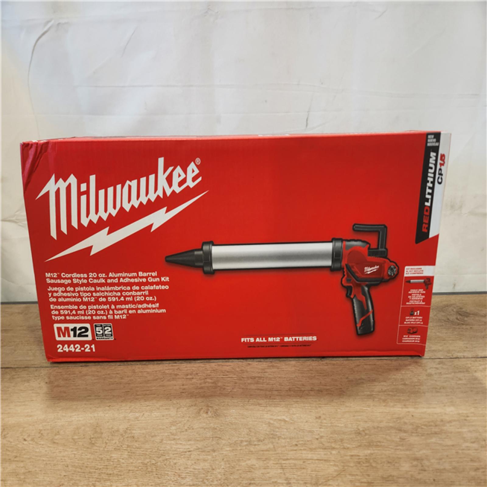 NEW- Milwaukee 12V Lithium-ion Cordless 20 oz. Aluminum Barrel Adhesive and Caulk Gun Kit