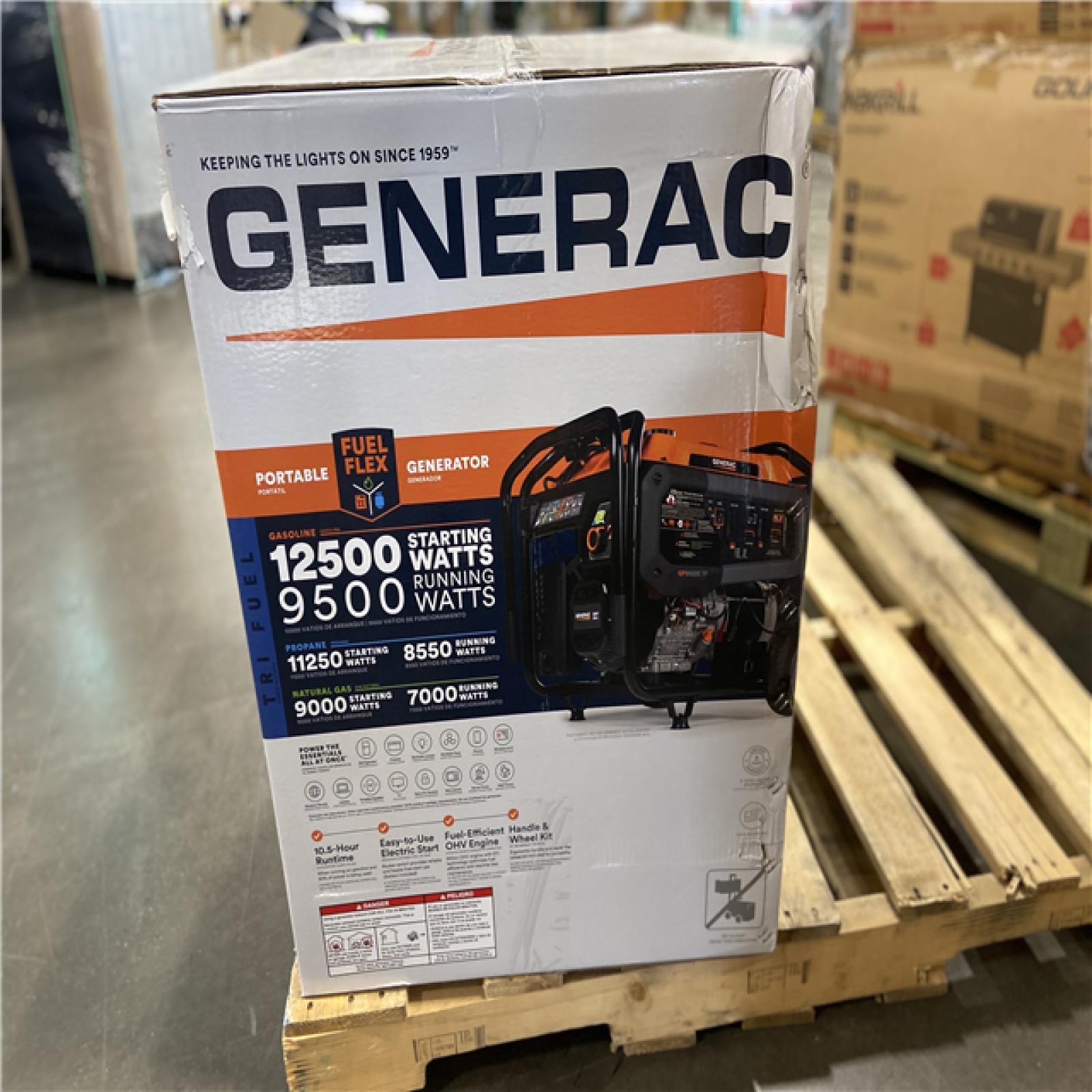 DALLAS LOCATION - Generac 12500/9500-Watt Tri-Fuel Portable Generator, Easy-To-Use Electric Start, Wheel and Handle Kit Included