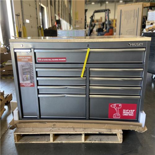 DALLAS LOCATION - Husky 61 in. W x 24 in. D Standard Duty 10-Drawer Mobile Workbench Tool Chest with Sliding Bin Storage Drawer in Silver