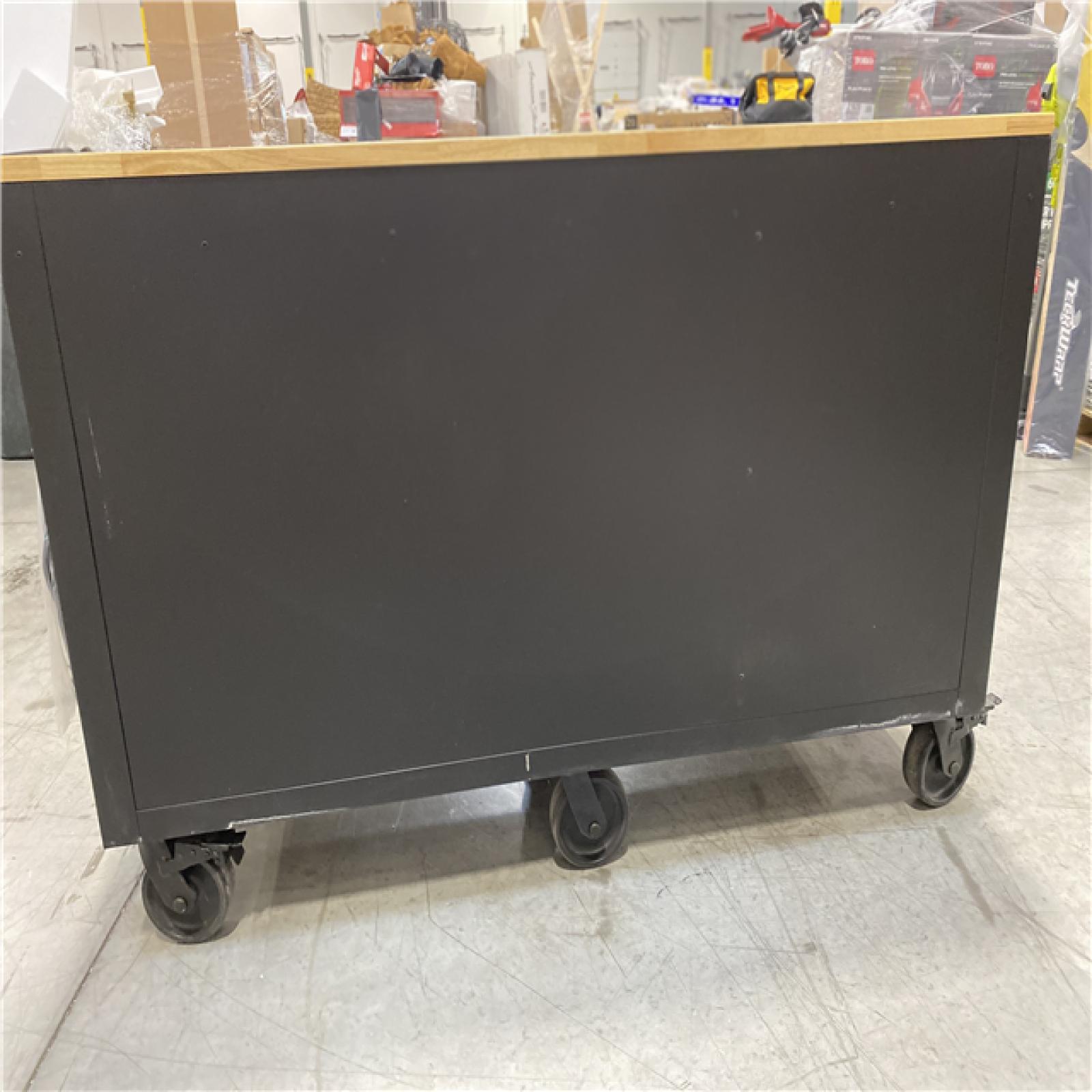DALLAS LOCATION - Husky Tool Storage 62 in. W Heavy Duty Matte Black Mobile Workbench Cabinet with Adjustable Height Wood