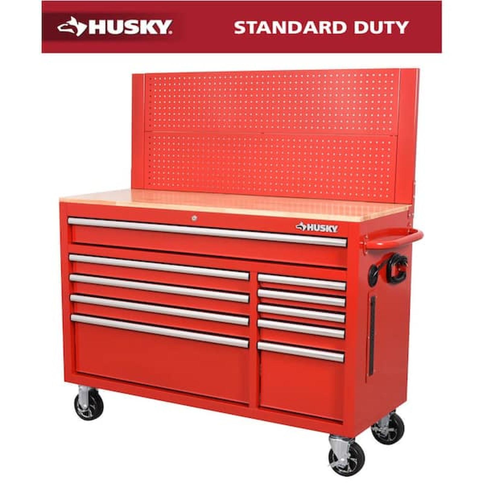 Phoenix Husky 52 in. W 10-Drawer Gloss Red Mobile Workbench Cabinet with Solid Wood Top and Pegboard