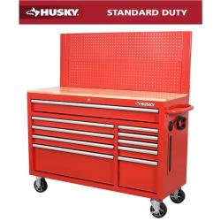 Phoenix Husky 52 in. W 10-Drawer Gloss Red Mobile Workbench Cabinet with Solid Wood Top and Pegboard