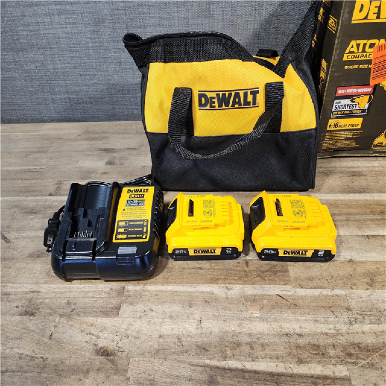 HOUSTON LOCATION - AS-IS Dewalt DCK225D2 20V MAX ATOMIC Brushless Compact Lithium-Ion 1/2 in. Cordless Drill Driver and 1/4 in. Impact Driver Combo Kit with 2 Batteries 2 Ah