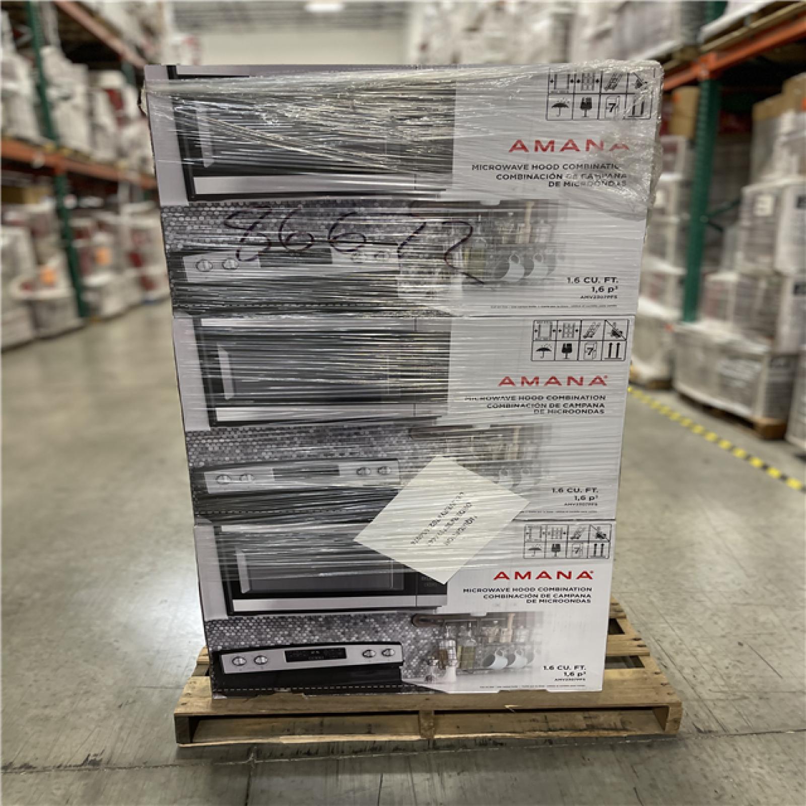 DALLAS LOCATION- NEW!- Amana 1.6 cu. ft. Stainless Steel Electric 1000-Watt Over the Range Microwave 300 Exhaust CFM PALLET (6 UNITS)