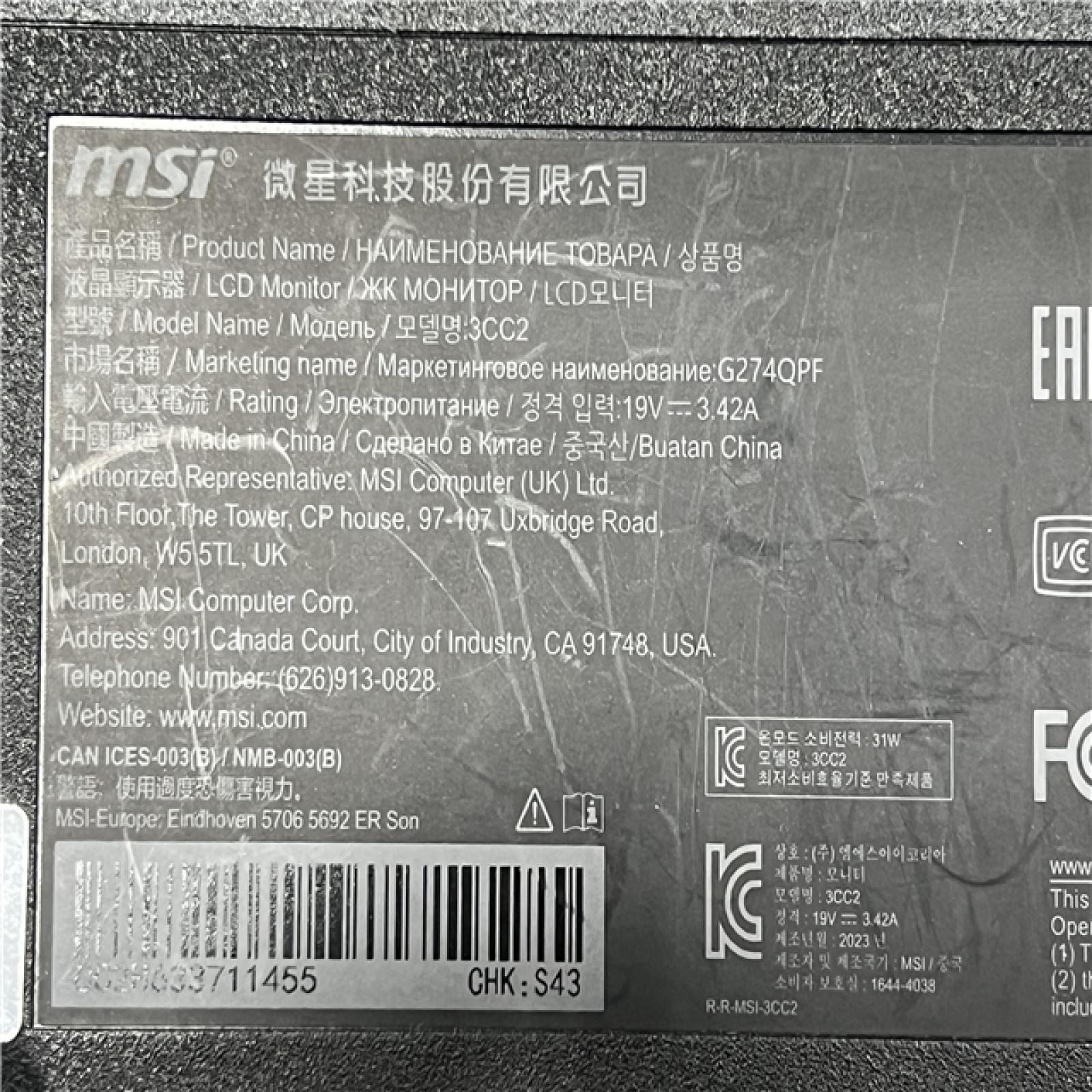 AS-IS MSI 3CC2 27-Inch WQHD IPS Gaming Monitor