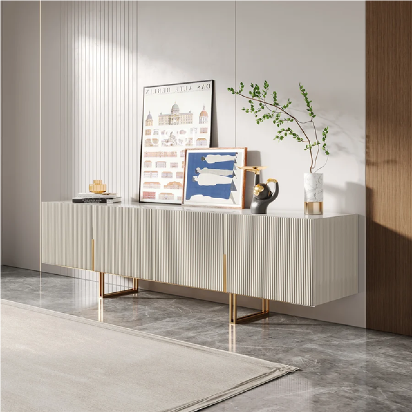Phoenix NEW JASIWAY 86.6 Media Console TV Stand for TVs up to 88 Faux Marble Top with Storage