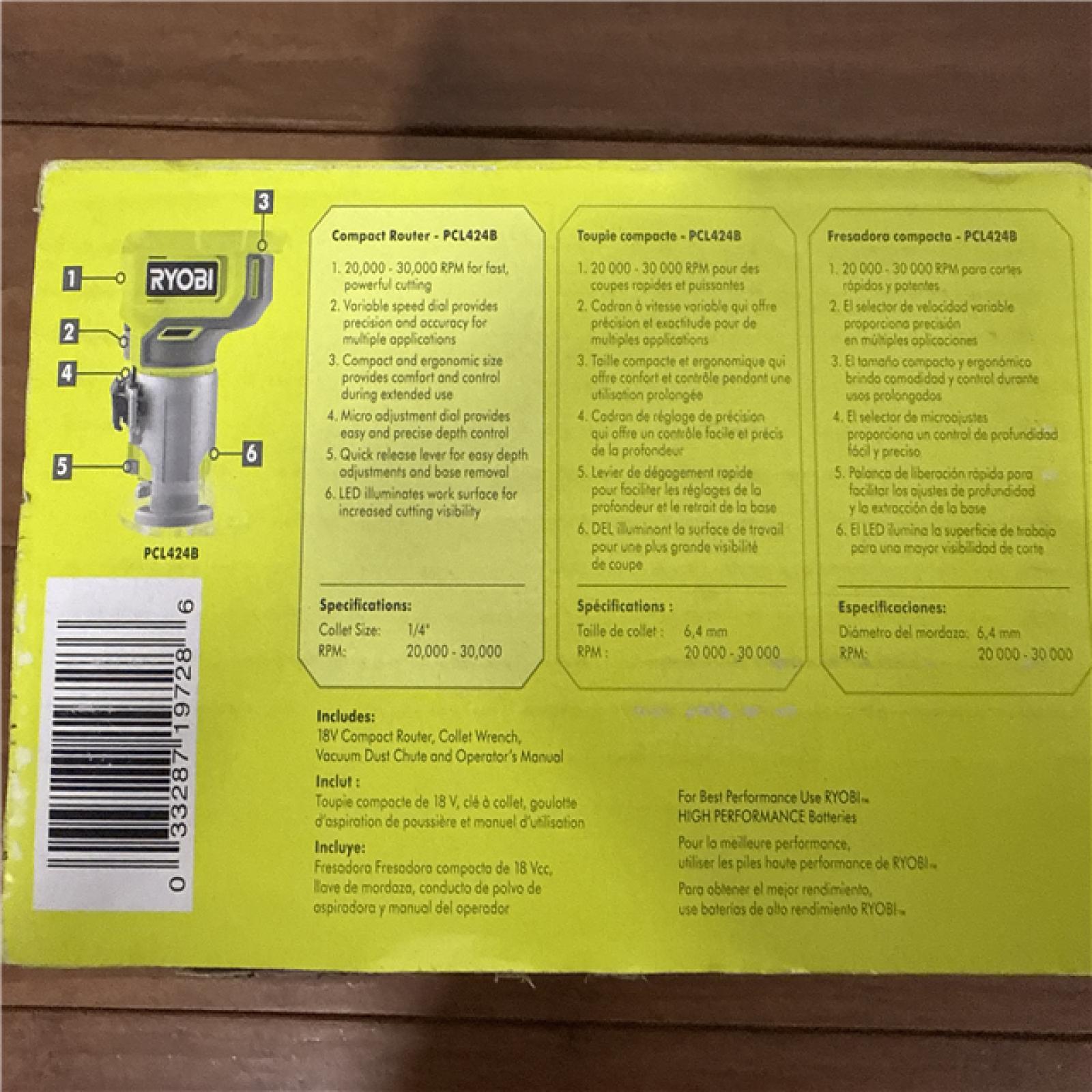 California AS-IS Ryobi One+ 18V Compact Router; Appears in Excellent Condition (Tool Only)