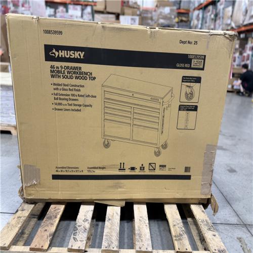 DALLAS LOCATION- HUSKY Tool Storage 46 in. W x 18 in. D 9-Drawer Gloss Red Mobile Workbench Cabinet
