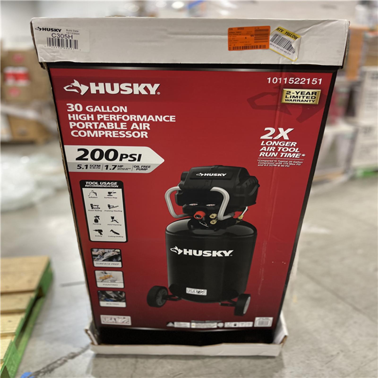 NEW! - Husky 1.7 HP, 200 PSI, 30 Gal., 5.1 SCFM 90 PSI, Single-Stage, Oil Free Portable Vertical Electric Air Compressor
